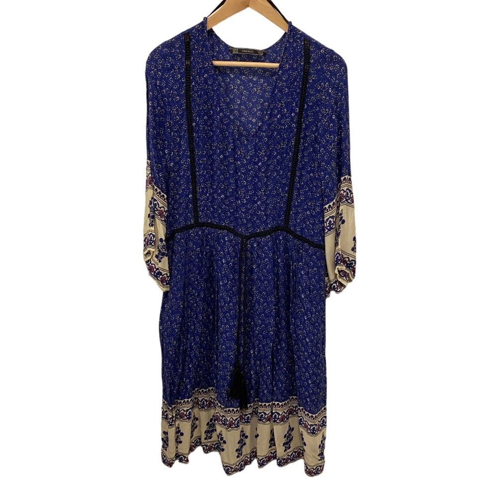 Zara Trafaluc Blue Floral Bohemian Midi Maxi Dress Velvet Trim Women's Medium